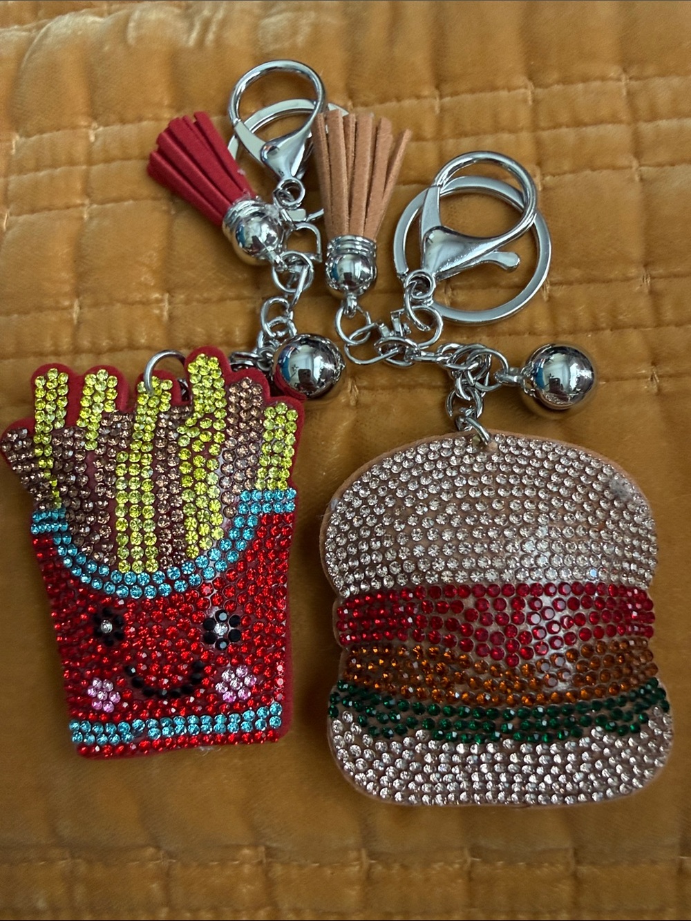 Rhinestone Fries & Burger Keychain Set - Red, Beige, Multicolor